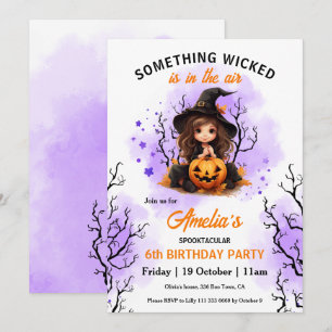 Cute Witch Purple Orange Halloween Birthday Invitation