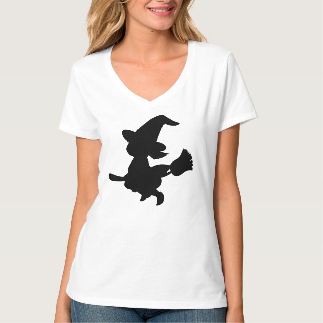 Cute Witch riding a broom Silhouette T-Shirt (Front)