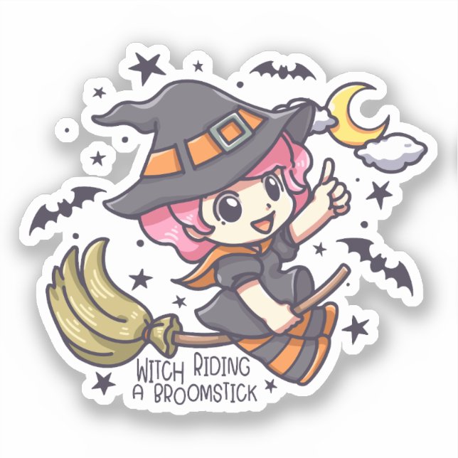 Cute Witch Riding A Broomstick (Front)