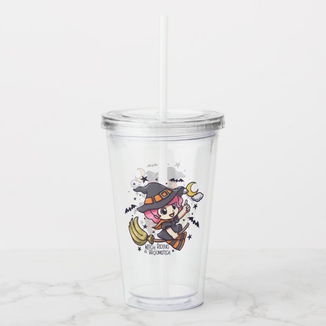 Cute Witch Riding A Broomstick Acrylic Tumbler (Front)