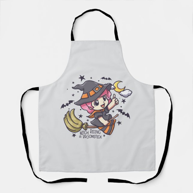 Cute Witch Riding A Broomstick Apron (Front)
