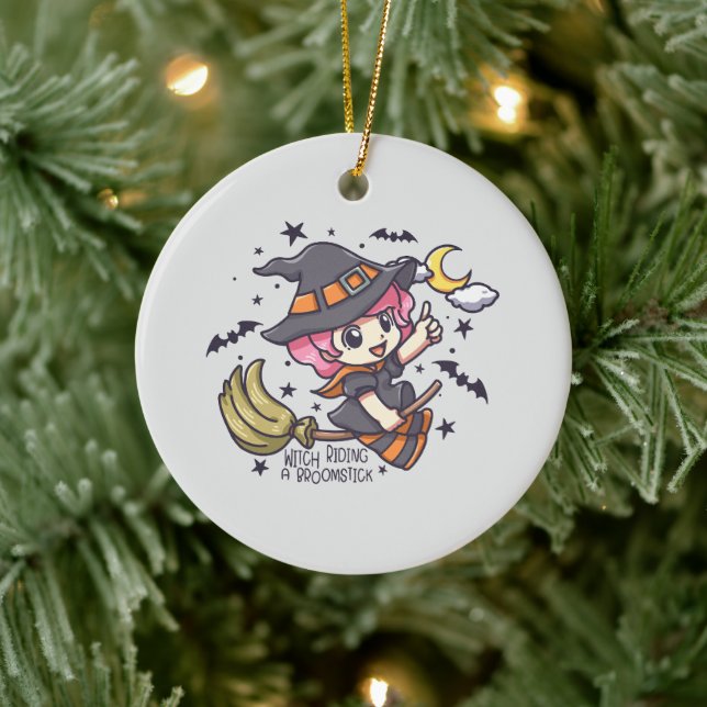 Cute Witch Riding A Broomstick Ceramic Tree Decoration (Tree)