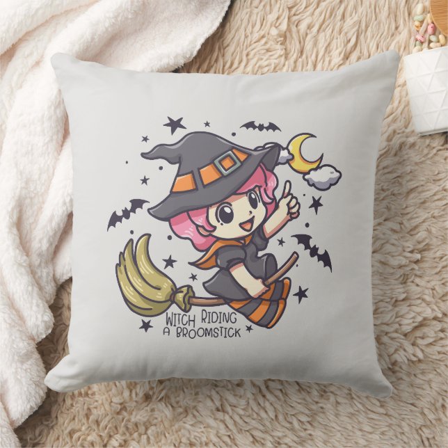 Cute Witch Riding A Broomstick Cushion (Blanket)