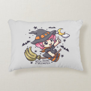 Cute Witch Riding A Broomstick Decorative Cushion