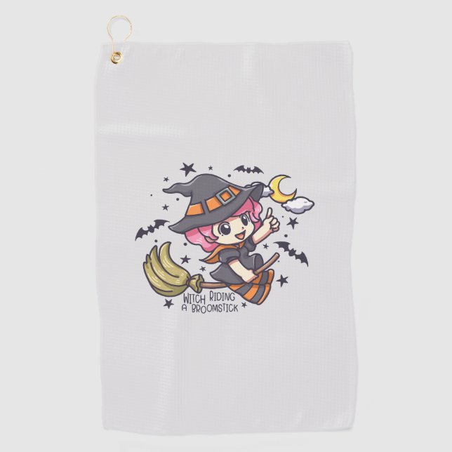 Cute Witch Riding A Broomstick Golf Towel (Front)