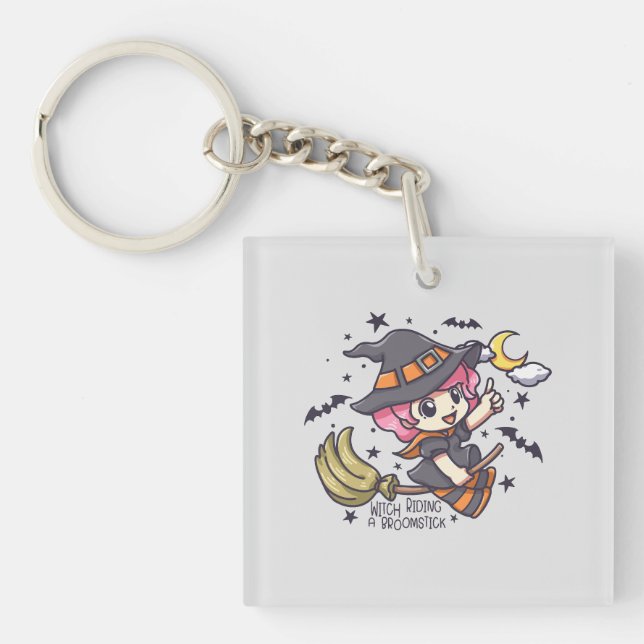 Cute Witch Riding A Broomstick Key Ring (Front)