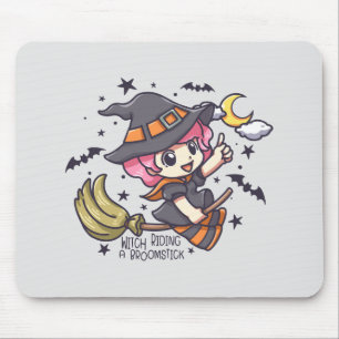 Cute Witch Riding A Broomstick Mouse Mat