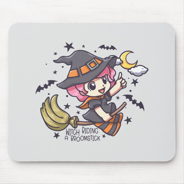 Cute Witch Riding A Broomstick Mouse Mat (Front)