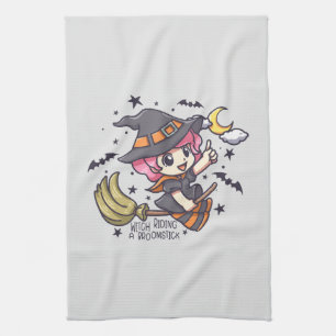 Cute Witch Riding A Broomstick Tea Towel