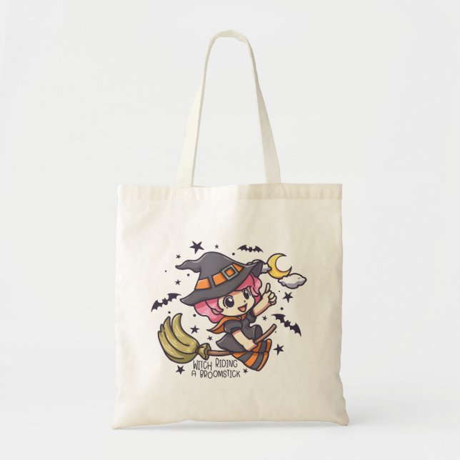 Cute Witch Riding A Broomstick Tote Bag (Front)