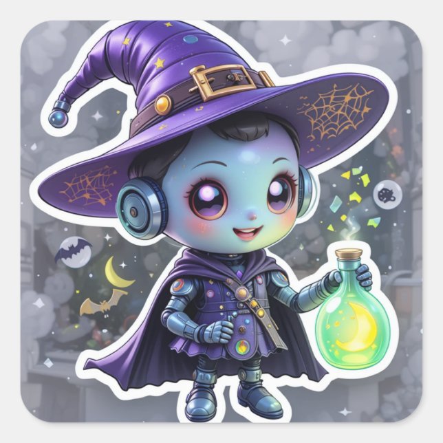 Cute Witch Robot Sticker Magical Halloween Sci-Fi  (Front)