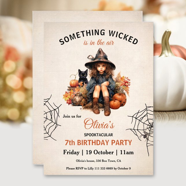 Cute Witch Spider Halloween Girls' Birthday Invitation (Cute Witch Spider Halloween Girls' Birthday Invitation)