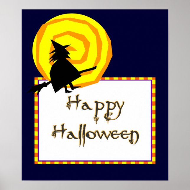 Cute Witch Swirly Moon Happy Halloween Poster (Front)