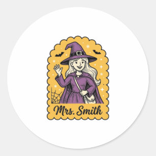 Cute Witch Teacher Mrs Smith Vintage Halloween Des Classic Round Sticker