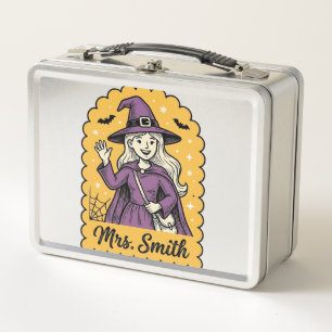 Cute Witch Teacher Mrs Smith Vintage Halloween Des Metal Lunch Box