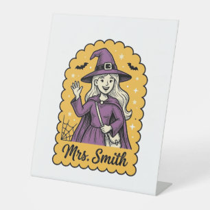 Cute Witch Teacher Mrs Smith Vintage Halloween Des Pedestal Sign
