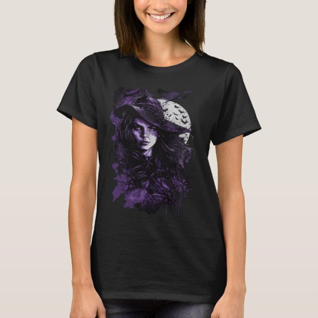 Cute Witch Wiccan Wicca Pagan Girl under Full Moon T-Shirt (Front)