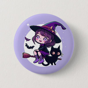 Cute Witch with a Broom Black Cat Bats Moon   6 Cm Round Badge