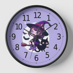 Cute Witch with a Broom Black Cat Bats Moon   Clock