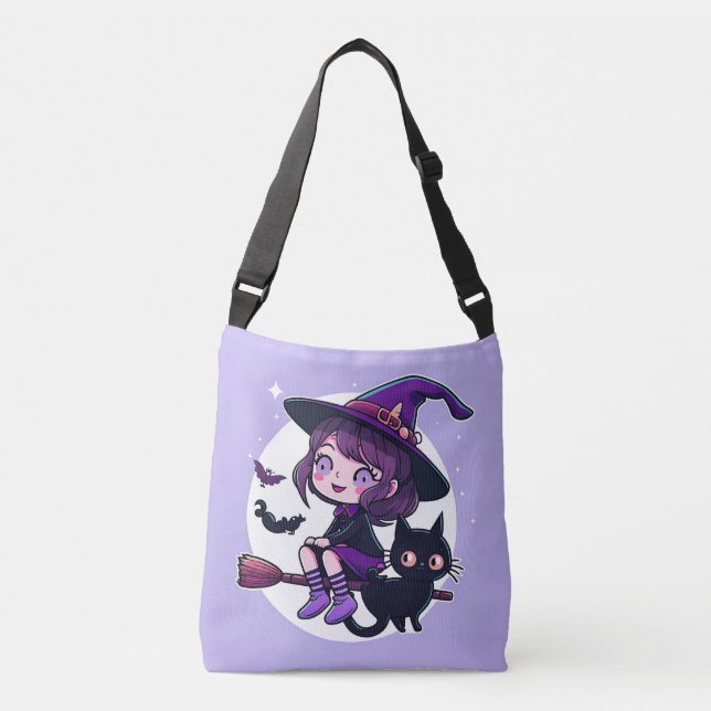 Cute Witch with a Broom Black Cat Bats Moon | Crossbody Bag (Front)