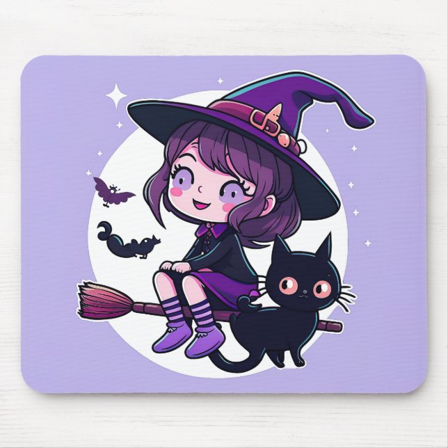 Cute Witch with a Broom Black Cat Bats Moon | Mouse Mat (Front)