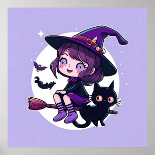 Cute Witch with a Broom Black Cat Bats Moon   Poster