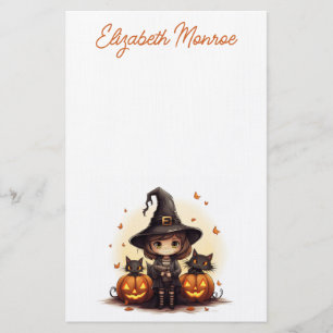 Cute Witch with Black Cats and Pumpkins Halloween Stationery