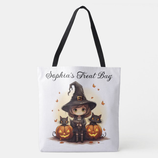 Cute Witch with Black Cats and Pumpkins Tote Bag (Front)