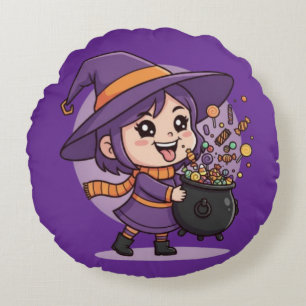 Cute Witch with Candy - Halloween Cute Design Round Cushion
