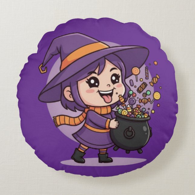 Cute Witch with Candy - Halloween Cute Design Round Cushion (Front)