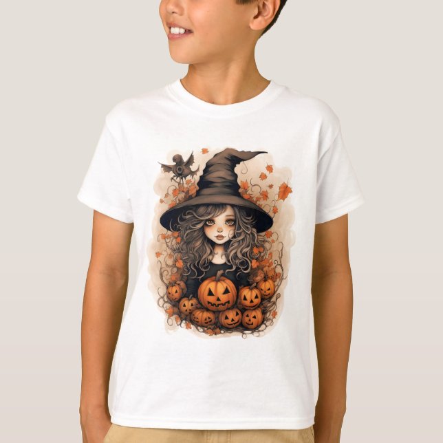 Cute witch with Halloween pumpkins for the Fall T-Shirt (Front)