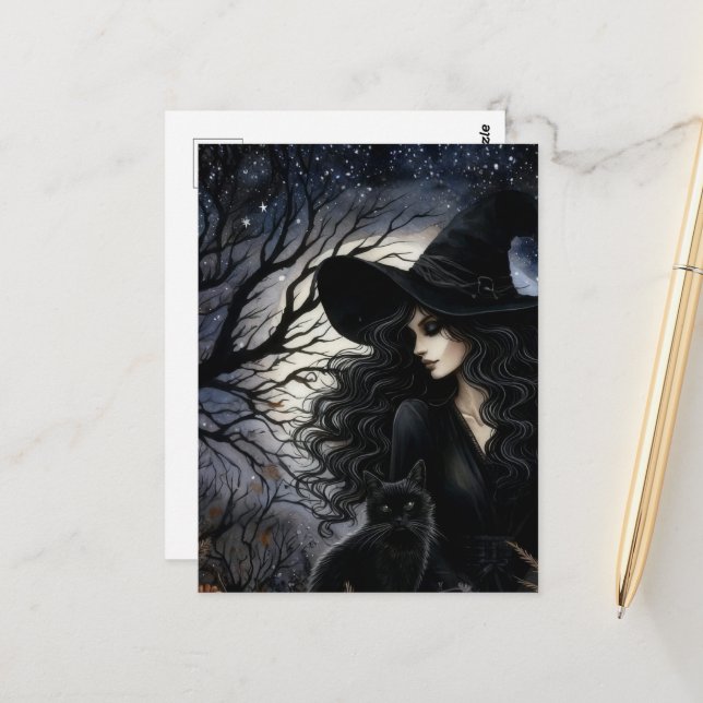 Cute Witch With Her Black Kitty Postcard (Front/Back In Situ)