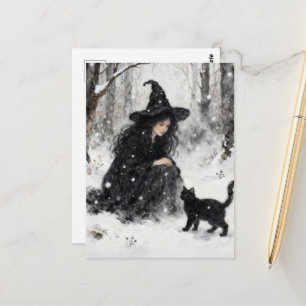 Cute Witch With Her Black Kitty Winter Watercolor Postcard