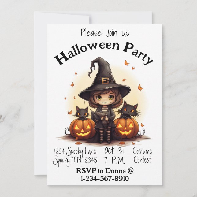 Cute Witch with Jack-o-lanterns and Kittens Invitation (Front)