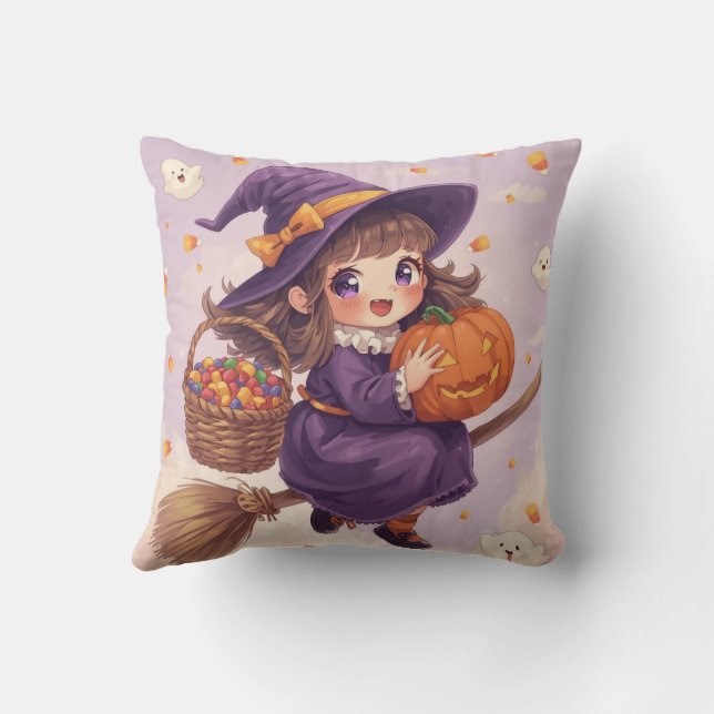 Cute Witch with Pumpkin Halloween Pillow (Back)