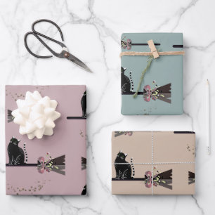 Cute Witches Floral Pink Broomstick Black Cat Wrapping Paper Sheet