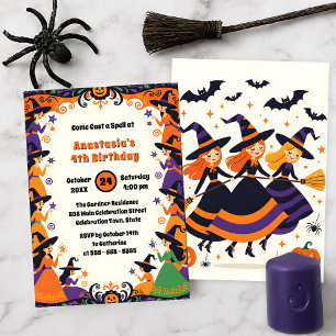 Cute Witches Girls Halloween October Birthday Invitation