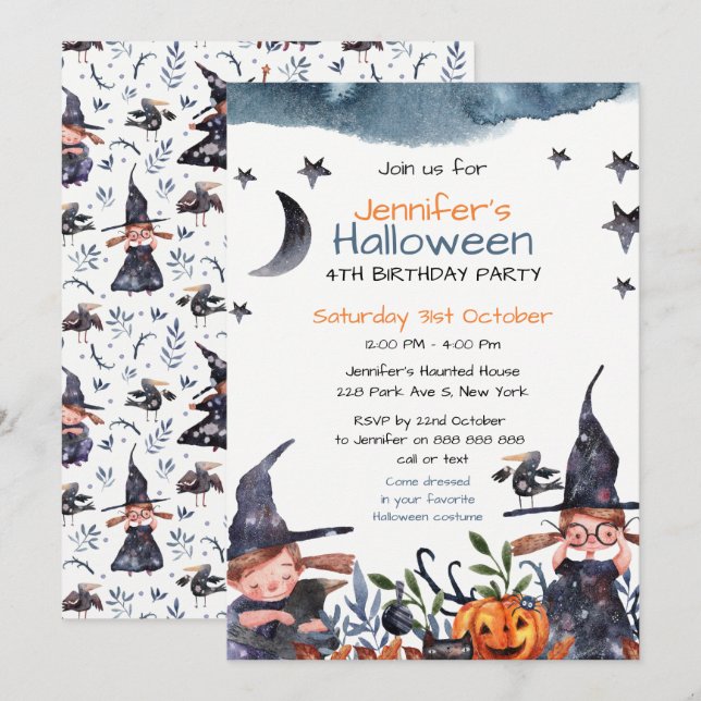 Cute Witches Kids Birthday Halloween Invitation (Front/Back)