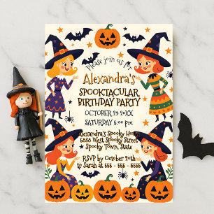 Cute Witches & Pumpkin Patch Halloween Birthday Invitation