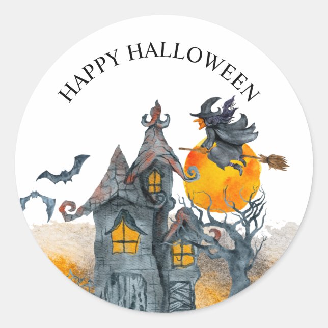 Cute witches spooky haunted house Halloween Classic Round Sticker (Front)