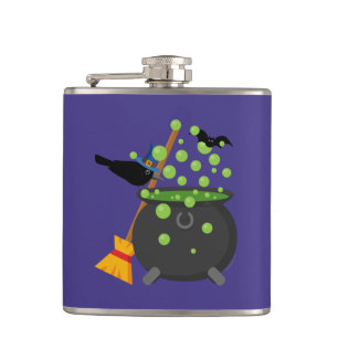 Cute Witch's Crow Looking Into A Bubbling Cauldron Hip Flask