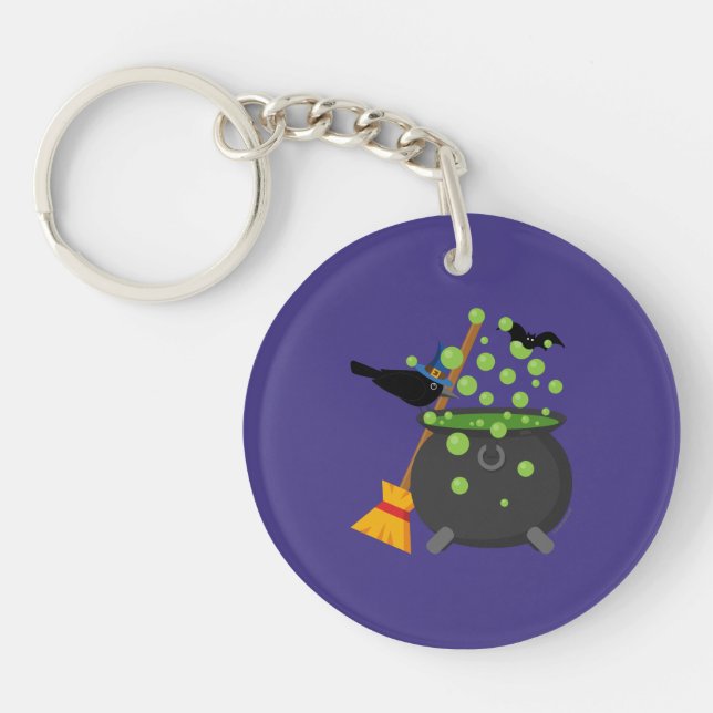 Cute Witch's Crow Looking Into A Bubbling Cauldron Key Ring (Front)