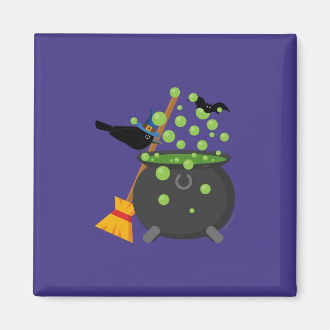 Cute Witch's Crow Looking Into A Bubbling Cauldron Magnet (Front)