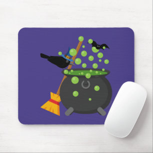 Cute Witch's Crow Looking Into A Bubbling Cauldron Mouse Mat