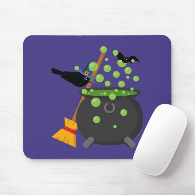 Cute Witch's Crow Looking Into A Bubbling Cauldron Mouse Mat (With Mouse)