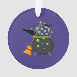 Cute Witch's Crow Looking Into A Bubbling Cauldron Ornament