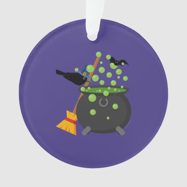 Cute Witch's Crow Looking Into A Bubbling Cauldron Ornament (Front)