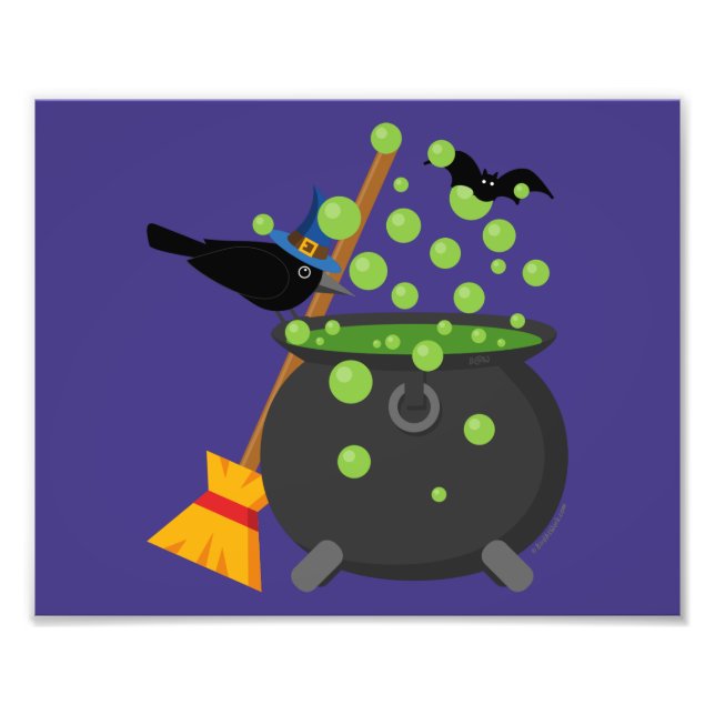 Cute Witch's Crow Looking Into A Bubbling Cauldron Photo Print (Front)