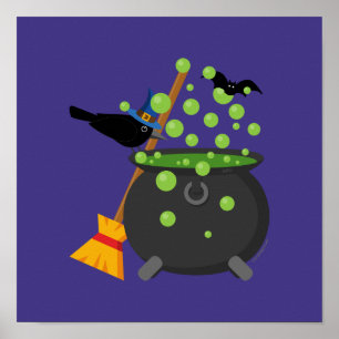Cute Witch's Crow Looking Into A Bubbling Cauldron Poster