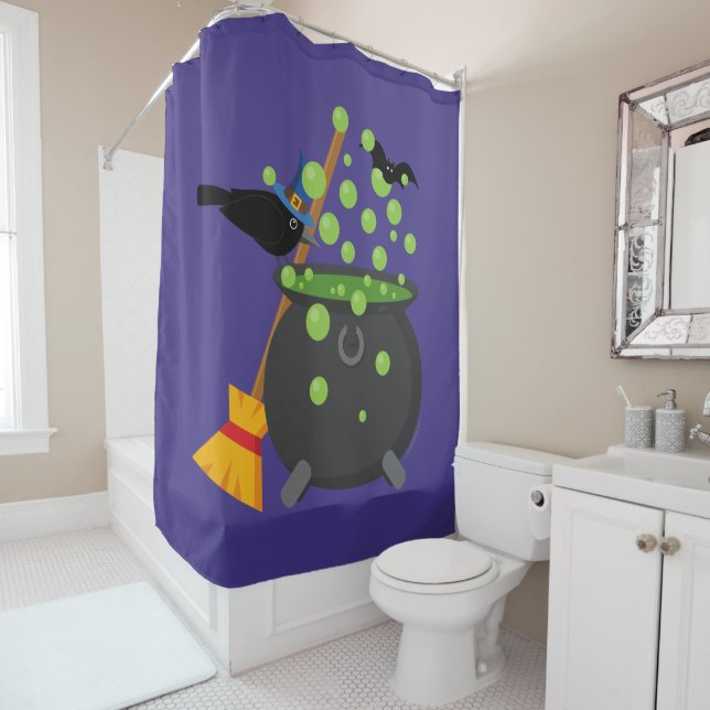 Cute Witch's Crow Looking Into A Bubbling Cauldron Shower Curtain (In Situ)